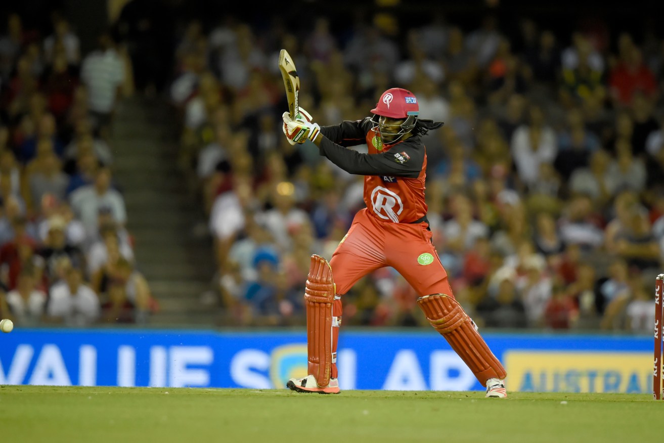 Chris Gayle equals the fastest half century in T20 history against the Adelaide Strikers on Monday. Photo: Mal Fairclough, AAP.