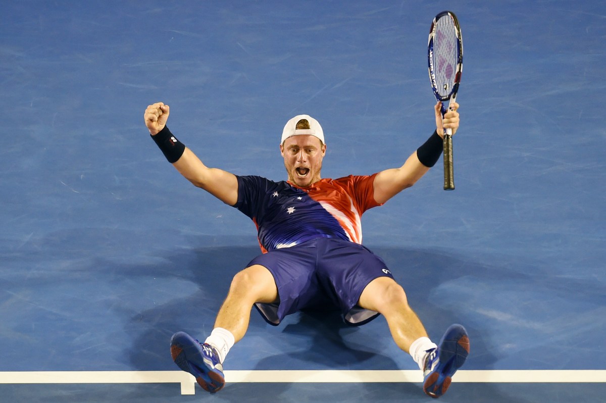 Lleyton Hewitt celebrates his win against James Duckworth of Australia during their first round match on day two of the Australian Open tennis tournament in Melbourne, Australia, on Tuesday, Jan. 19, 2016. The Australian Open tennis tournament will go from the 18th of January until the 31st of January 2016 and is Australia's foremost annual tennis event. (AAP Image/Tracey Nearmy) NO ARCHIVING, EDITORIAL USE ONLY