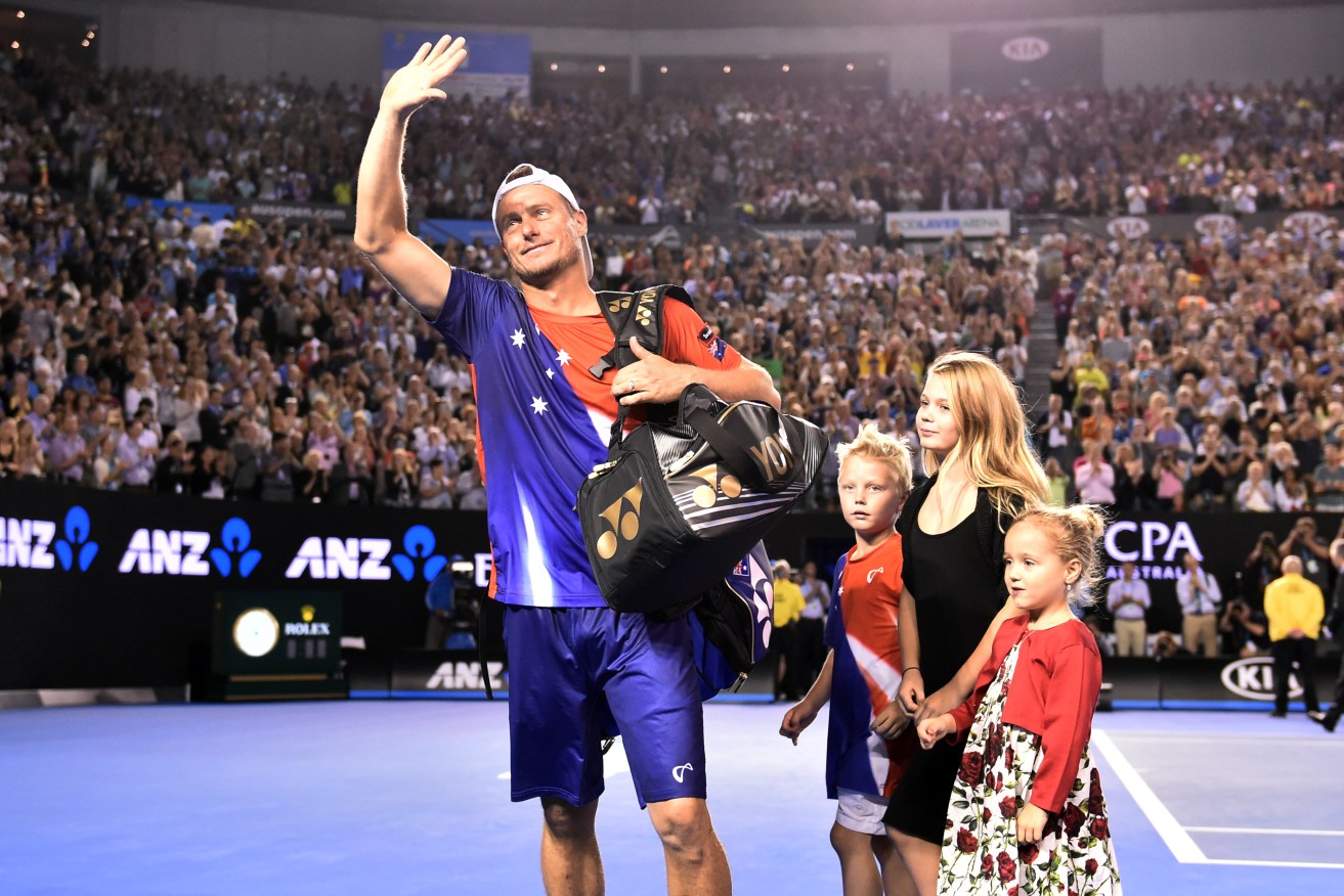 Lleyton Hewitt leaves Rod Laver Arena followed by his children, Cruz,  Mia  and Ava. AAP Image/Julian Smith