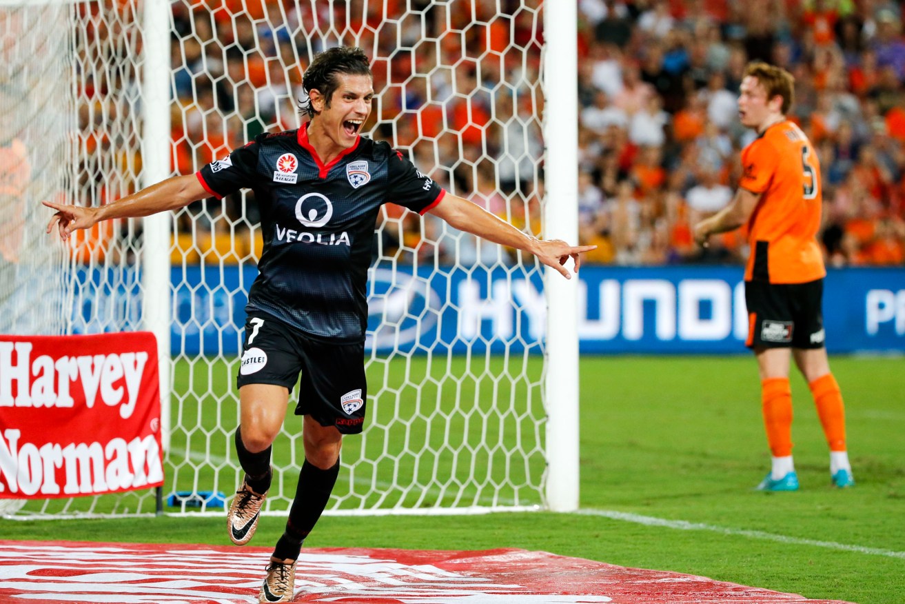 Pablo Sanchez celebrates a goal against Brisbane. AAP Image/Glenn Hunt