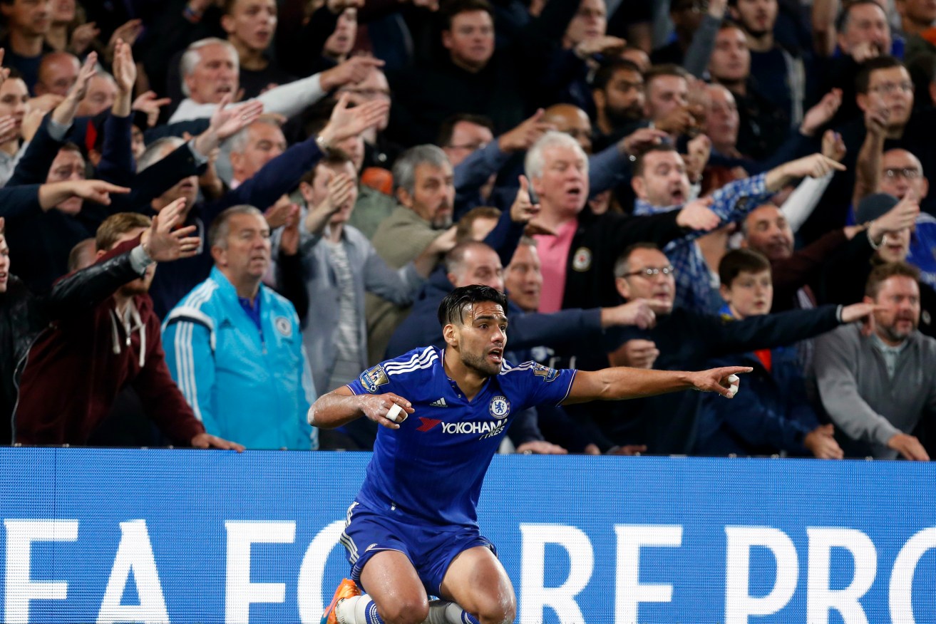 Radamel Falcao appeals during a match at Stamford Bridge. Photo: Jed Leicester, PA Wire.