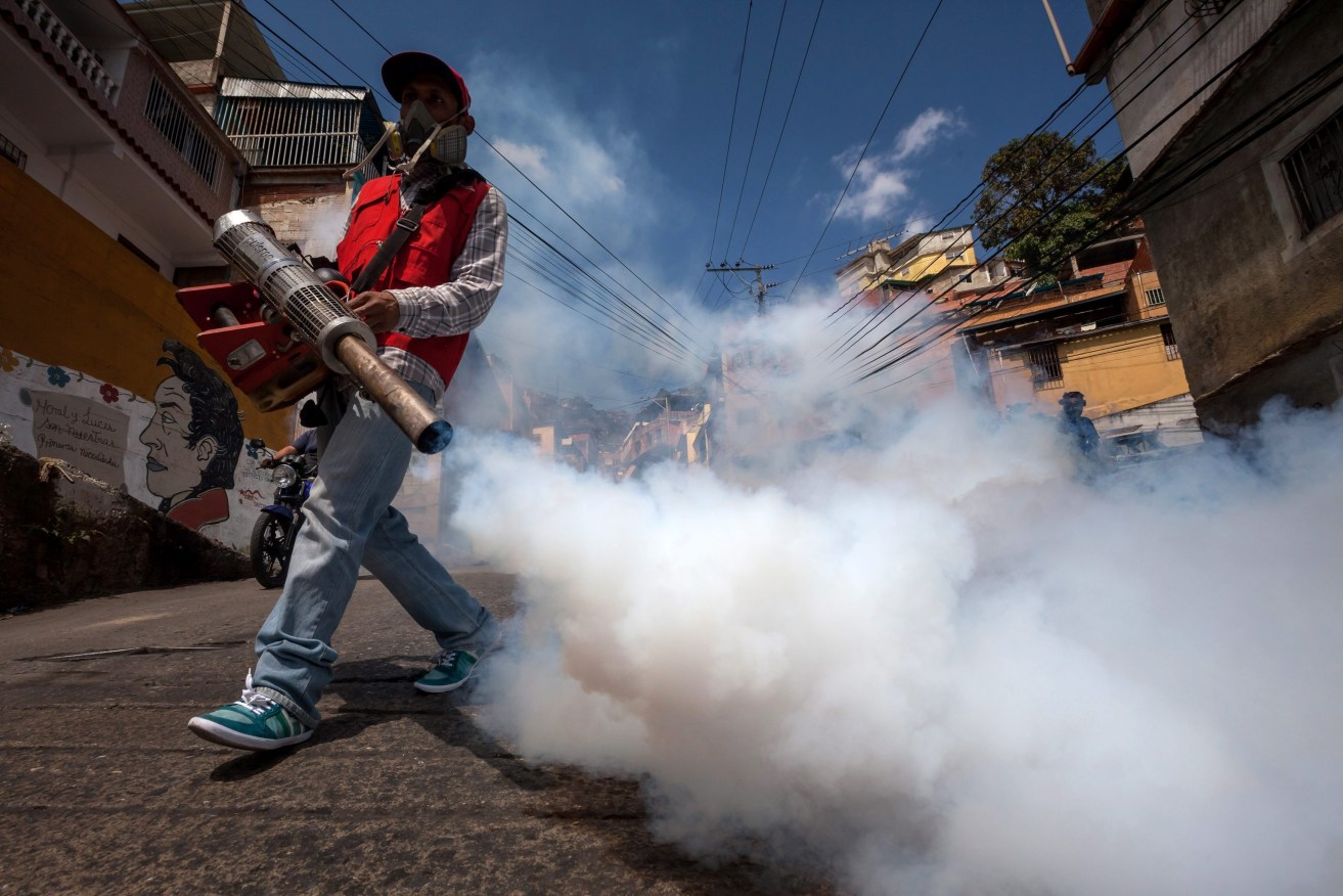 Public health workers fumigate to stop spread of the 'Aedes aegypti' in Caracas, Venezuela. The fast spread of the Zika virus in the Americas has prompted the World Health Organization to declare a global health emergency. Photo: MIGUEL GUTIERREZ, EPA.
