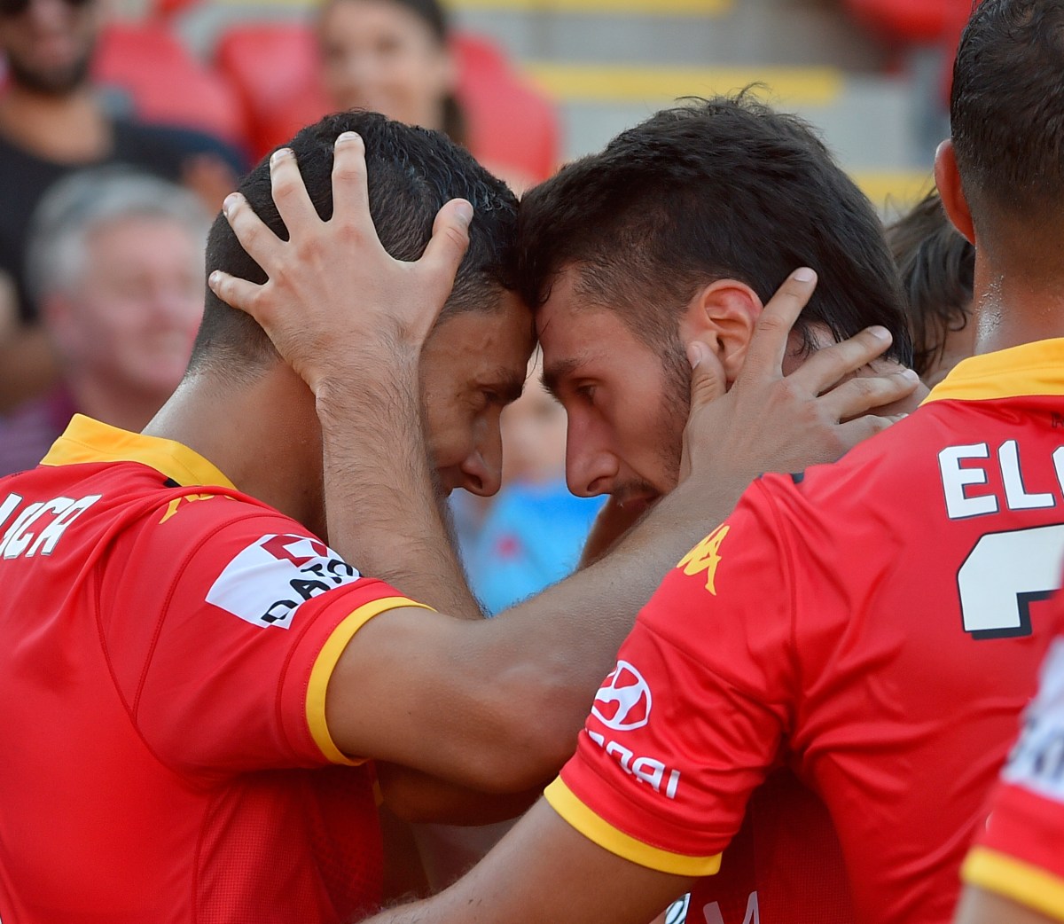 Marcelo Carrusca of United (L) celebrates his goal with George Mells during the round 17 A-League match between the Adelaide United and Newcastle Jets at Coopers Stadium in Adelaide, on Sunday, Jan. 31, 2016. (AAP Image/David Mariuz) NO ARCHIVING, EDITORIAL USE ONLY