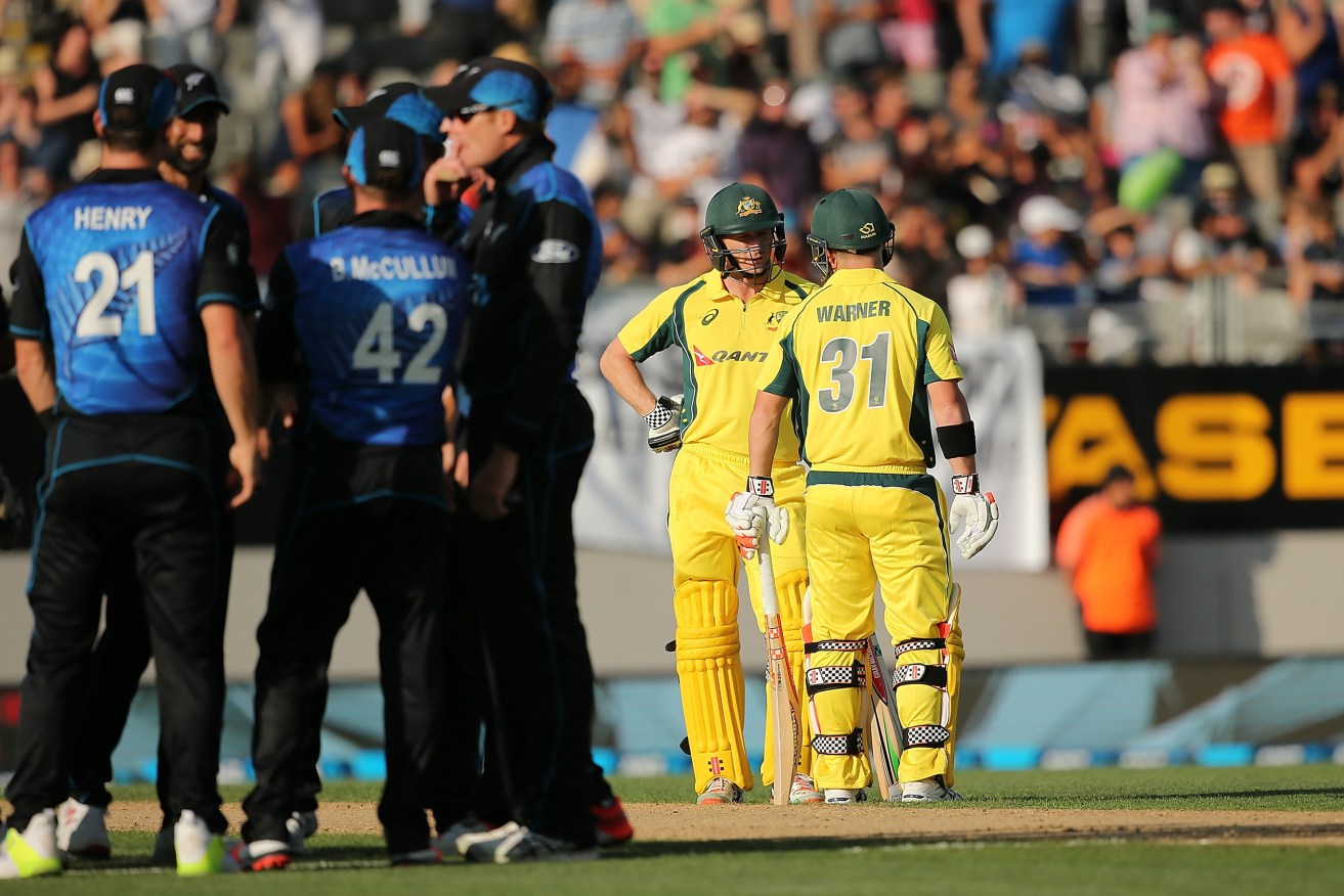 Warner confers with Bailey as New Zealand players celebrate his wicket. Martin Hunter, AAP/SNPA.