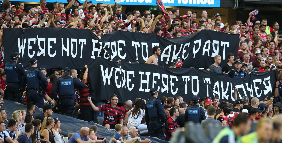 Wanderer fans during the round 18 A-League match between Melbourne Victory and Western Sydney Wanderers at Etihad Stadium in Melbourne, on Saturday, Feb. 6, 2016. (AAP Image/David Crosling) NO ARCHIVING, EDITORIAL USE ONLY