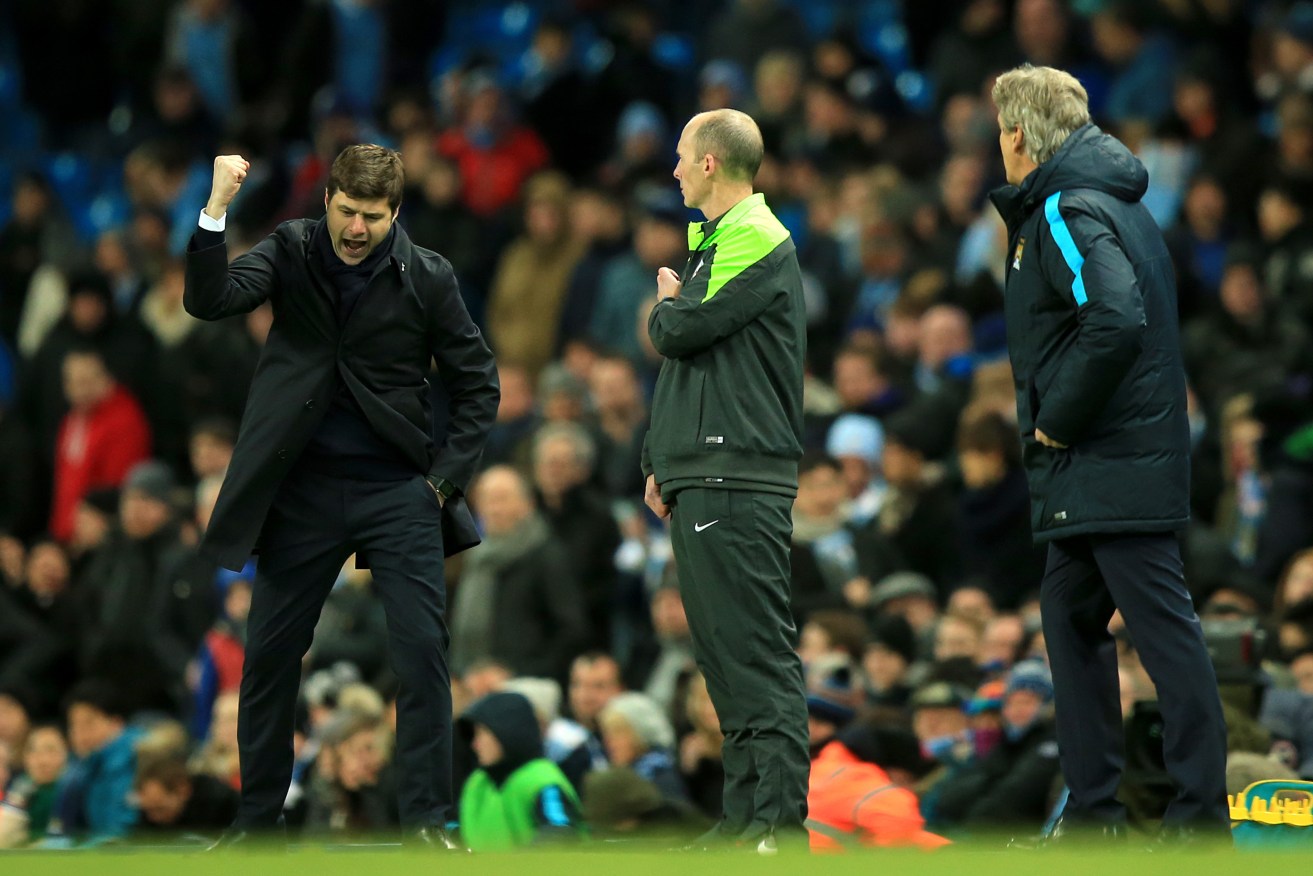 Tottenham Hotspur manager Mauricio Pochettino celebrates on the touchline.