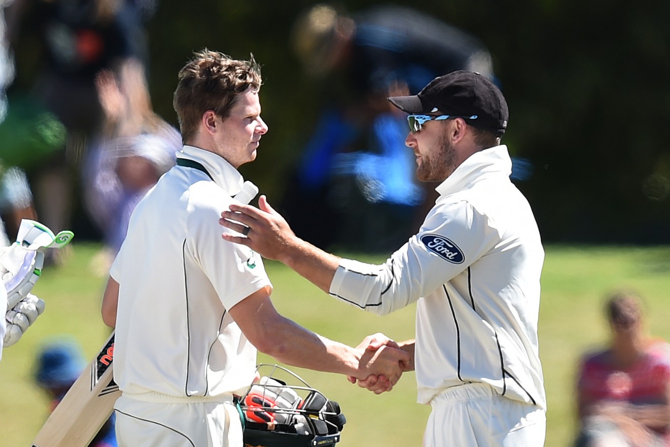Retiring New Zealand captain Brendon McCullum shakes hands with victorious Steve Smith. Photo: Dave Hunt, AAP.