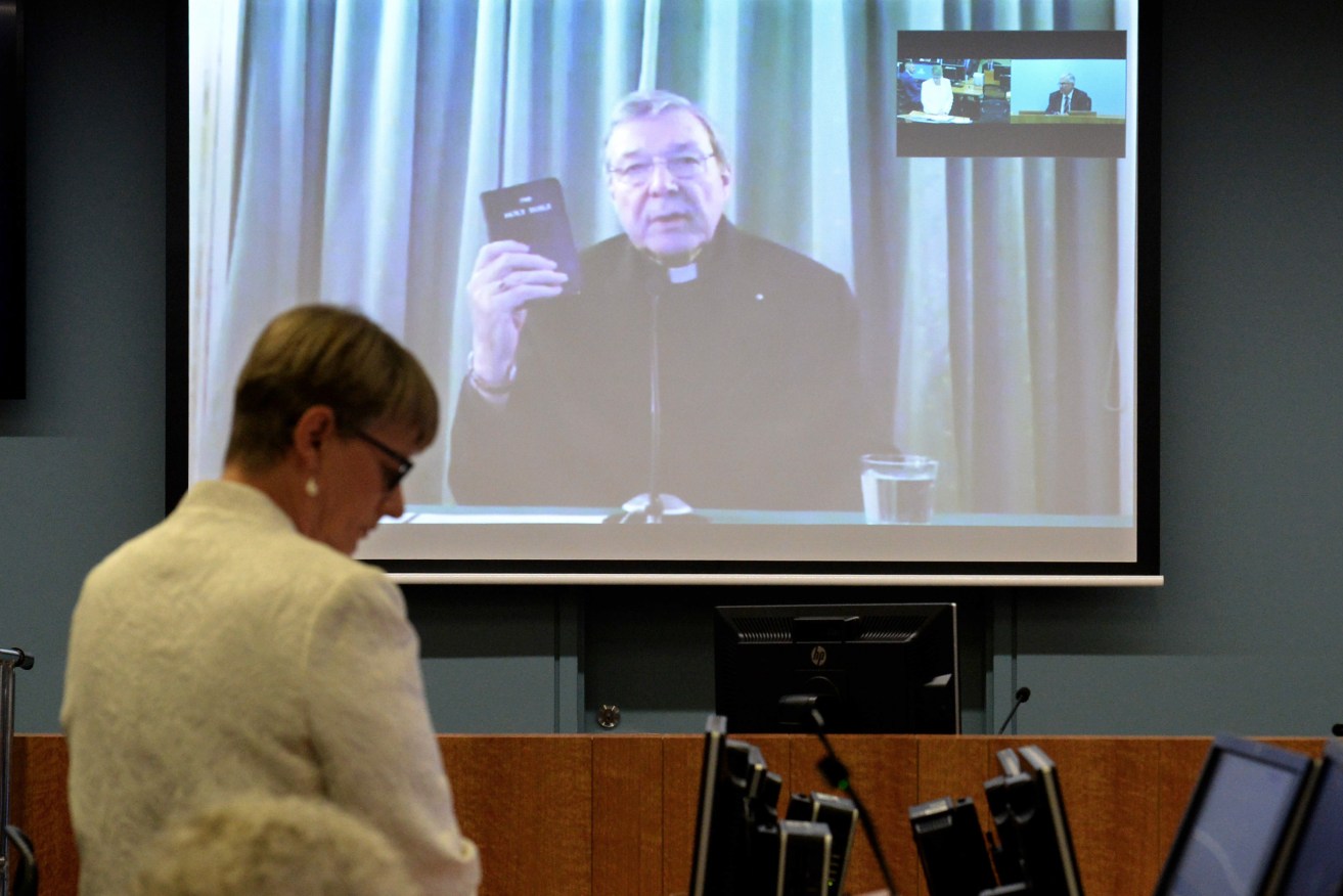 Cardinal George Pell giving evidence to the royal commission via a video link from Rome. Photo: AAP/Jeremy Piper