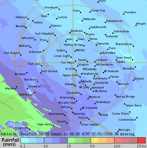 A Bureau of Meteorology rainfall radar image of the 24 hours to 9am.