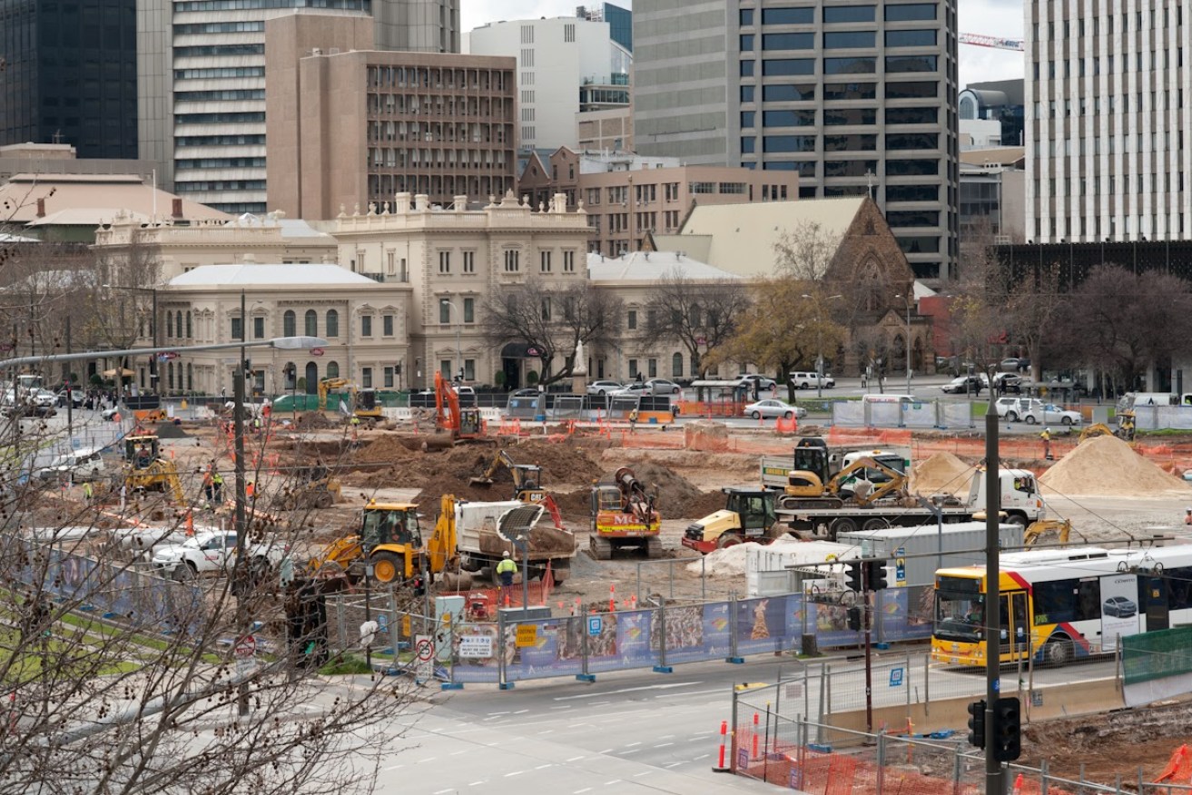 Victoria Square during the 'stage one' upgrades. The road dividing the square (bottom right) was later paved with granite. Photo: Nat Rogers / InDaily