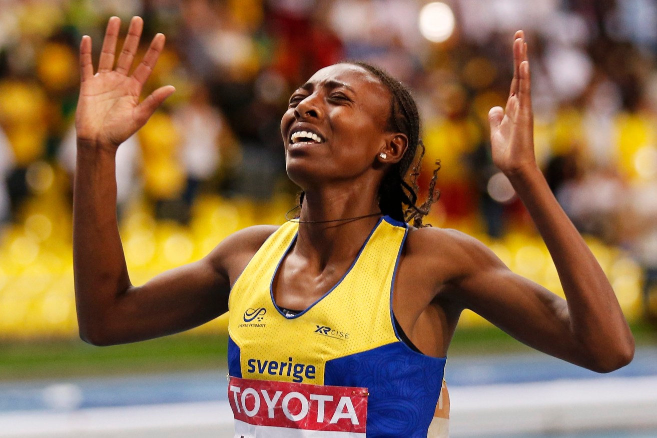 Abeba Aregawi wins the women's 1500m final at the IAAF World Championships in Russia in 2013. Photo: KERIM OKTEN, EPA.