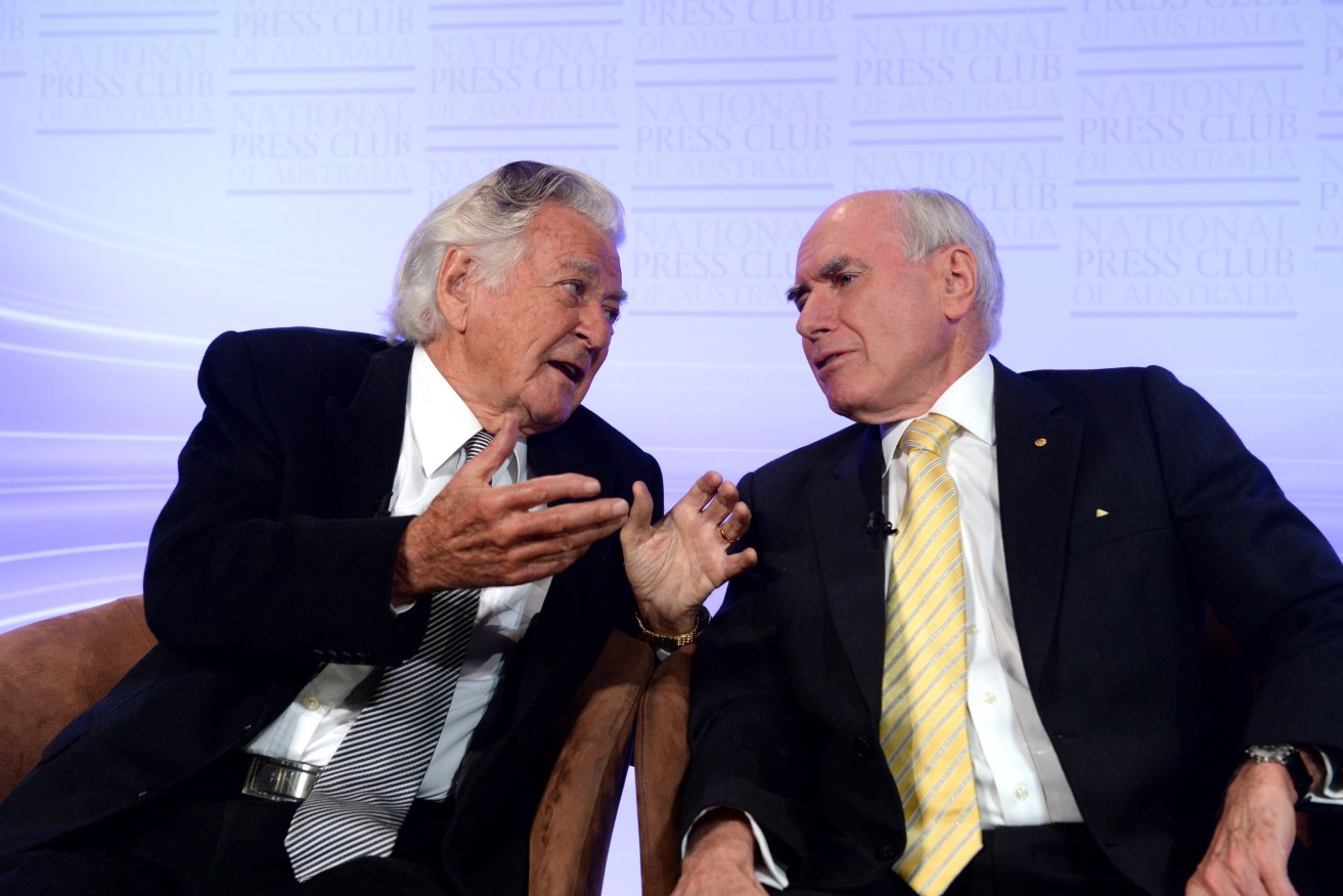 Former prime ministers John Howard (right) and Bob Hawke in 2014. Both led economic reformist governments. Photo: AAP /Alan Porritt