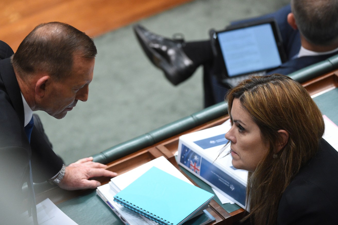 Tony Abbott speaks with Peta Credlin during Question Time in 2015. Photo: AAP/Mick Tsikas