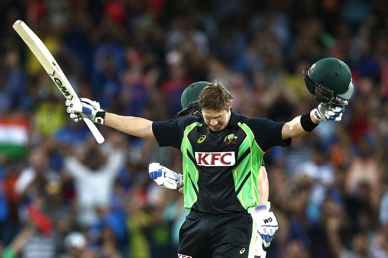 Shane Watson celebrates a T20 ton against India in January. Photo: Rob Griffith, AP.