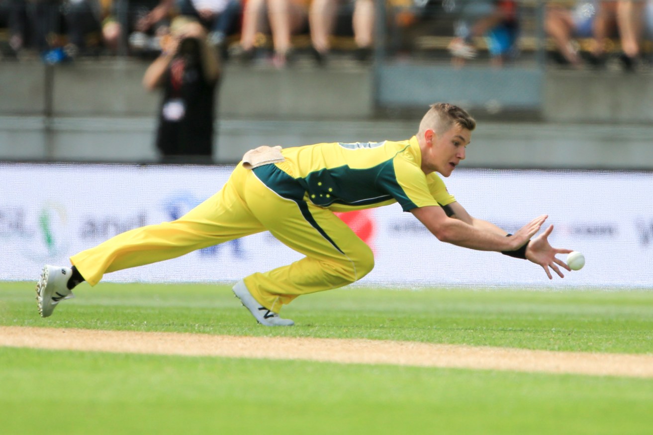 Adam Zampa fields off his bowling during the second New Zealand v Australia ODI at Westpac Stadium, Wellington. Photo: John Cowpland, SNPA/AAP. 