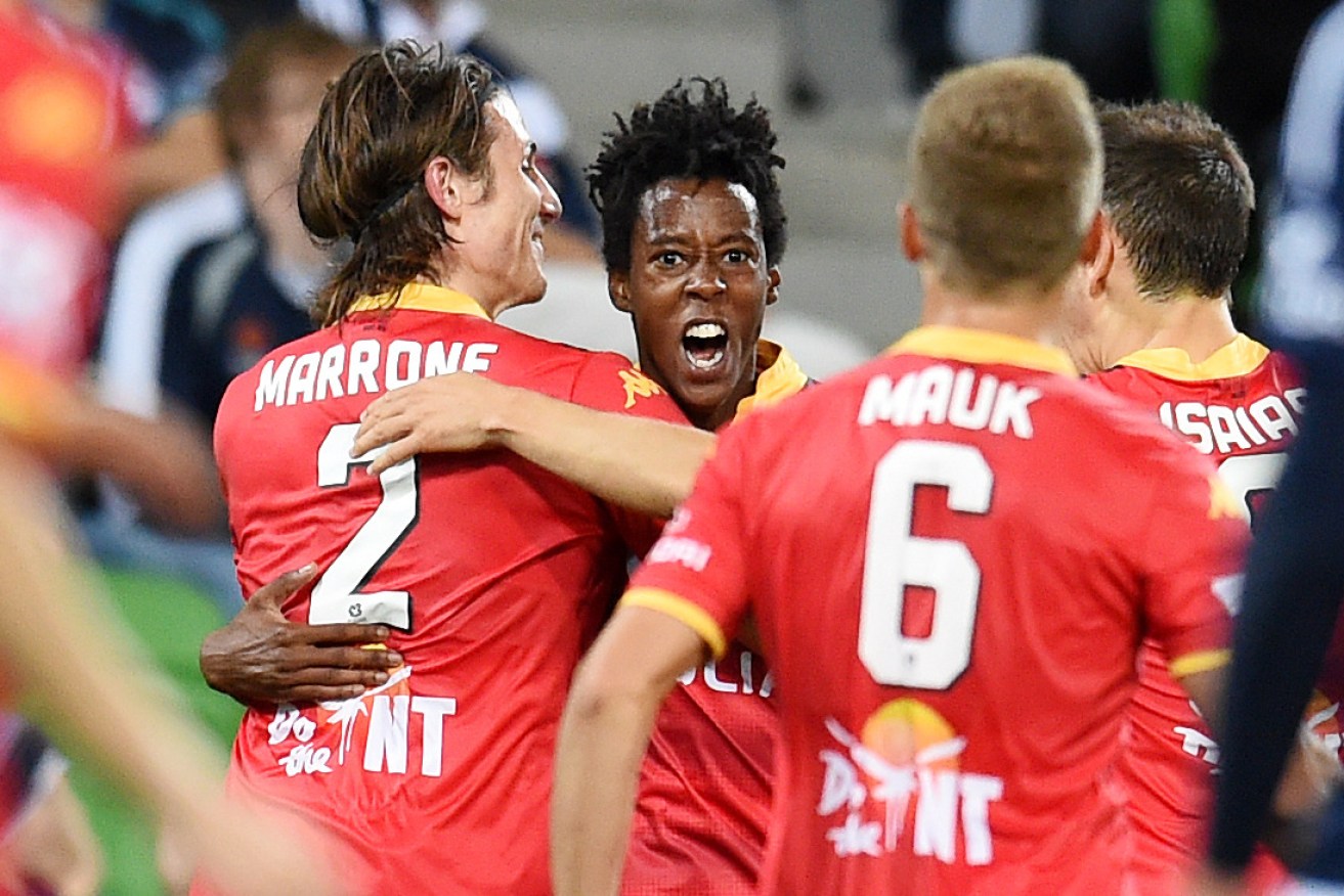 Bruce Kamau after scoring that goal against Melbourne Victory. Photo: AAP/Tracey Nearmy