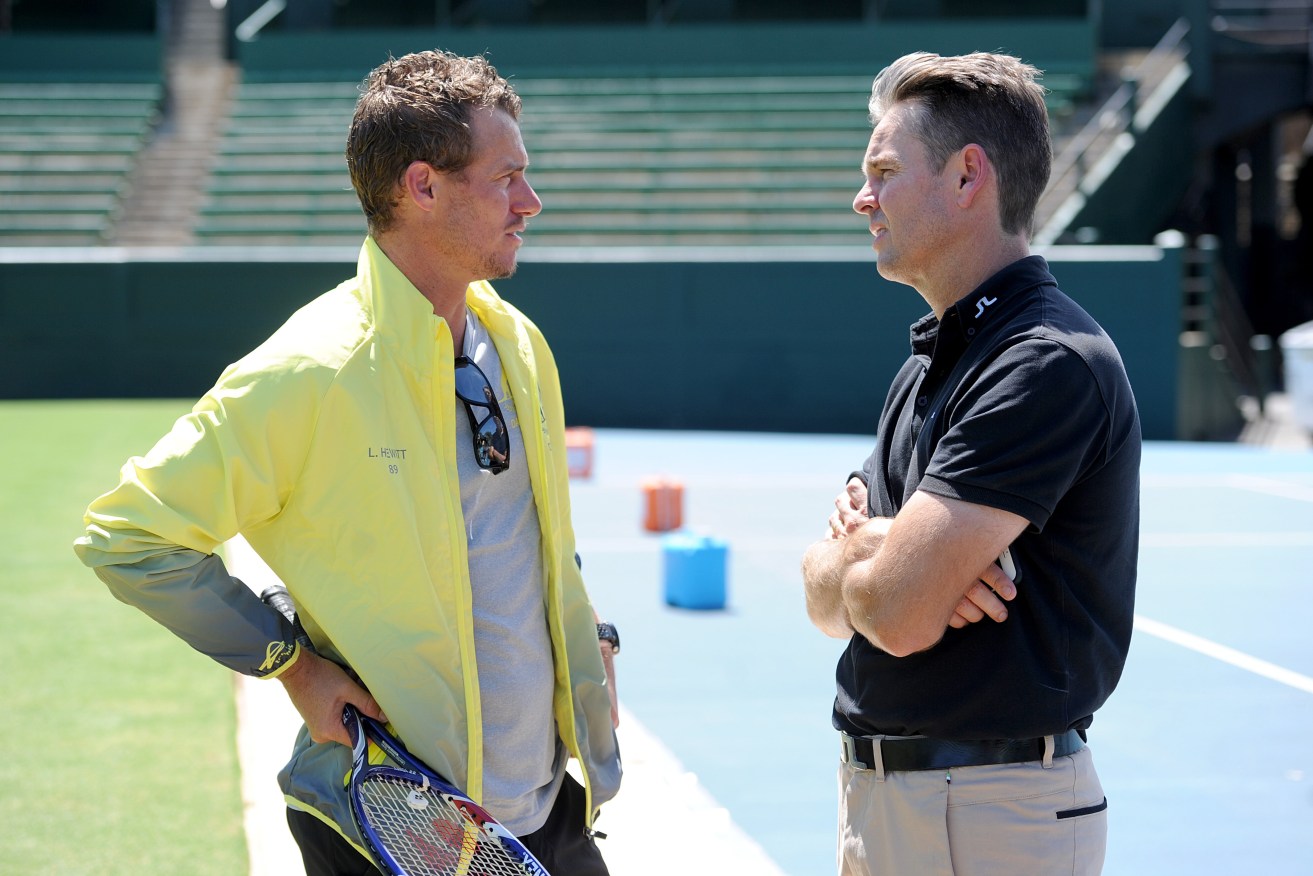 Australian Davis Cup team captain Lleyton Hewitt chats with former Davis Cup player Todd Woodbridge. Photo: Joe Castro, AAP.