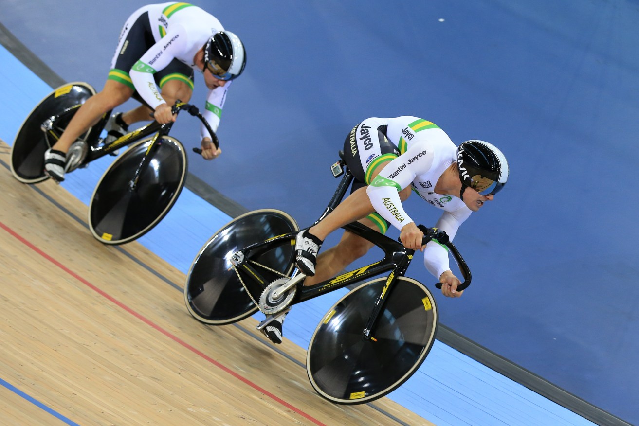 Australia's Matthew Glaetzer (right) and Nathan Hart (left) during the Men's Team Sprint Qualification. Photo: Adam Davy, PA Wire. 