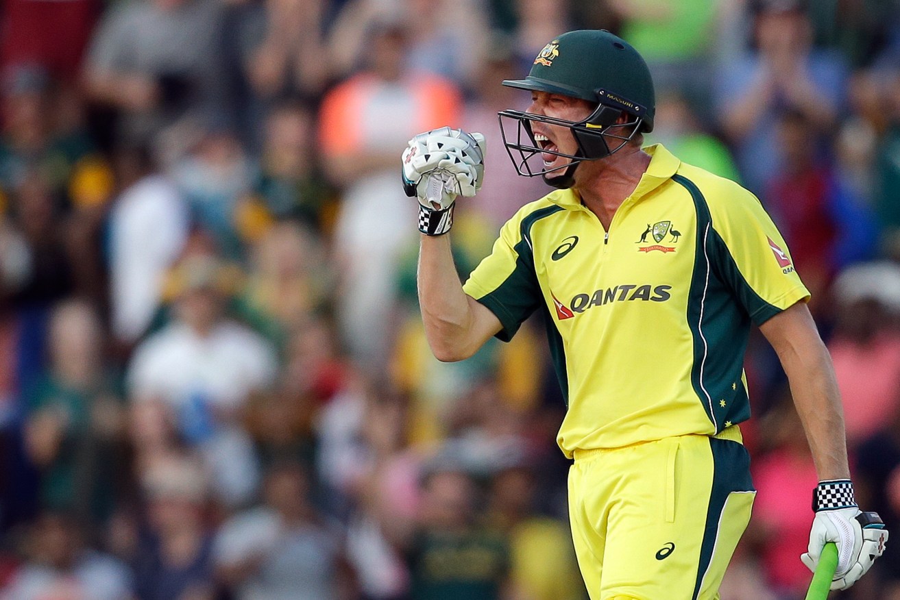 James Faulkner reacts after Mitch Marsh hit the winning runs against South Africa. Photo: AP/Themba Hadebe