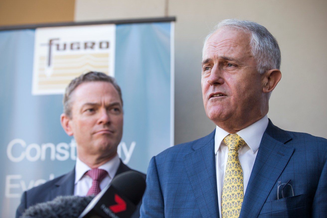 Industry minister Christopher Pyne (let) with Prime Minister Malcolm Turnbull in Adelaide today. Photo: AAP/Ben Macmahon