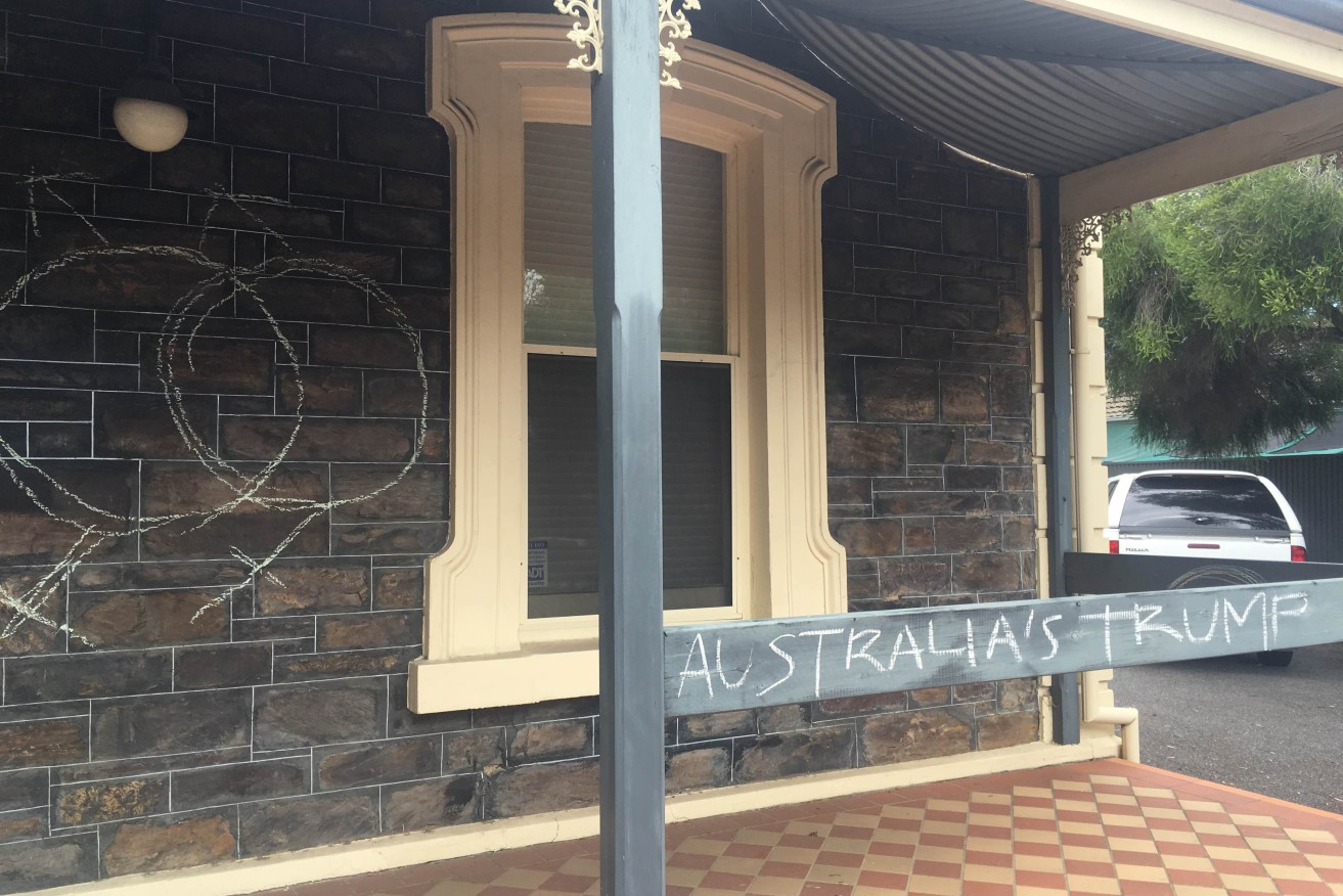 Liberal Senator Cory Bernardi's Adelaide office vandalised by protesters. Photo: AAP/Georgie Moore