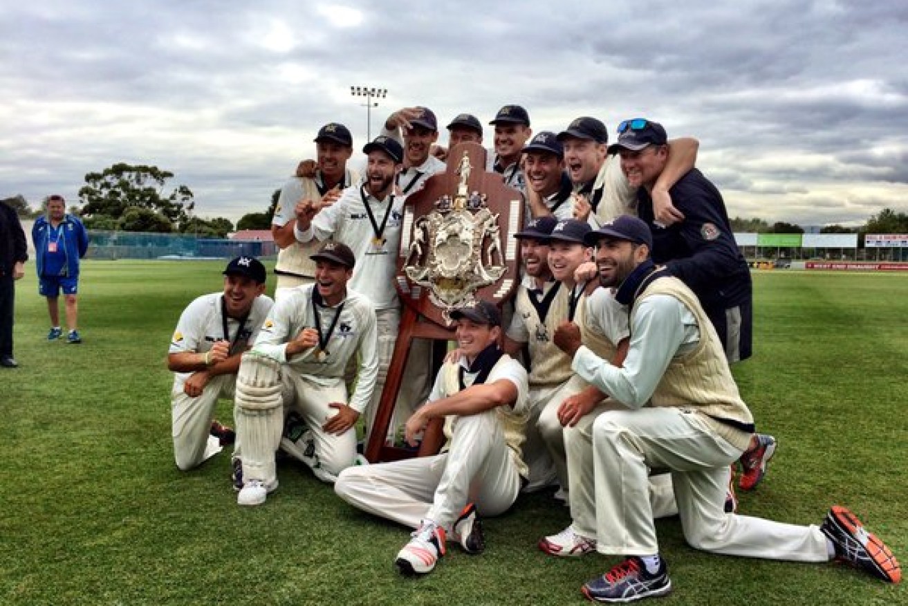 The Bushrangers celebrate back-to-back trophies. Photo: Cricket Australia, Twitter.