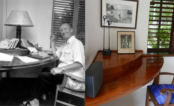 Fleming at his desk, which is still in the Goldeneye villa today (right).