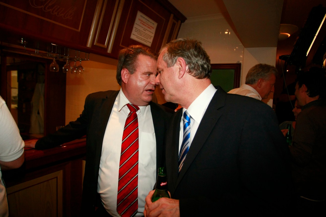 Former Treasurer Kevin Foley and then-Premier Mike Rann on election night, 2010. Photo: James Baker, AAP.