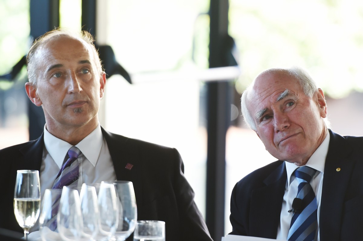 Former Australian Prime Minister John Howard (right) with Walter Mikac, who lost his wife and two daughters in the Port Arthur Massacre, at a Gun Control Australia event in 2015. Photo: AAP/Dean Lewins