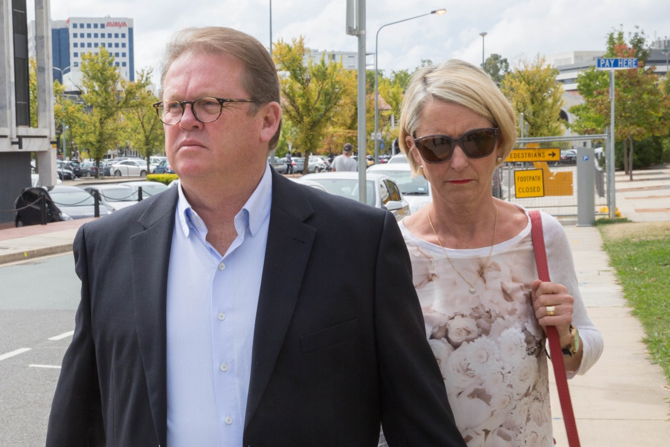 Brumbies CEO Michael Jones and his wife leave the Supreme Court in Canberra after a previous appearance. Photo: Andrew Taylor, AAP.