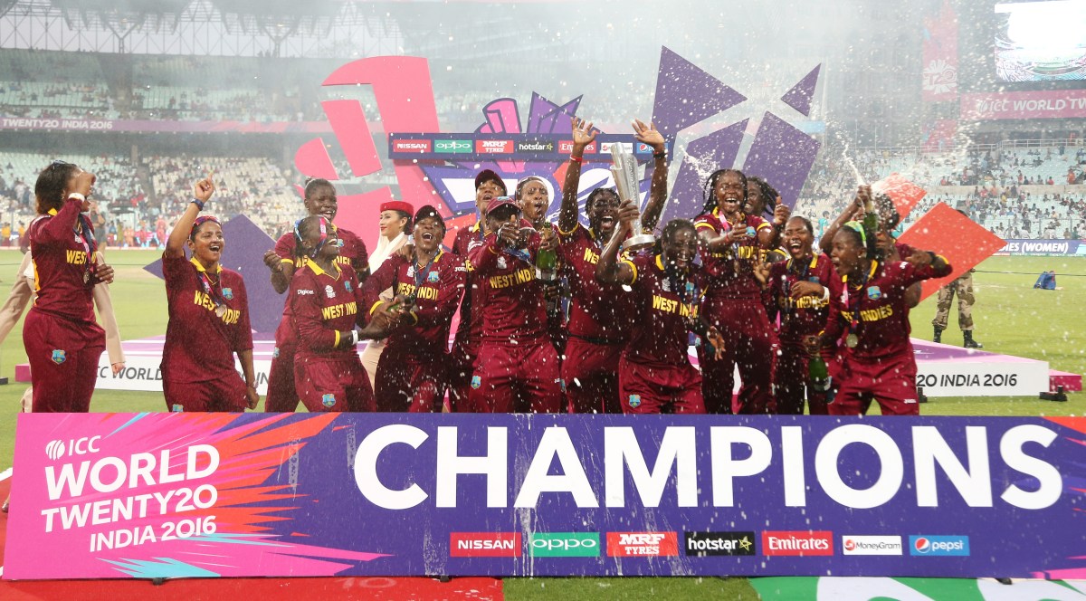 West Indies players celebrate after defeating Australia in the final of the ICC Women's World Twenty20 2016 cricket tournament at Eden Gardens in Kolkata, India, Sunday, April 3, 2016. (AP Photo/Bikas Das)