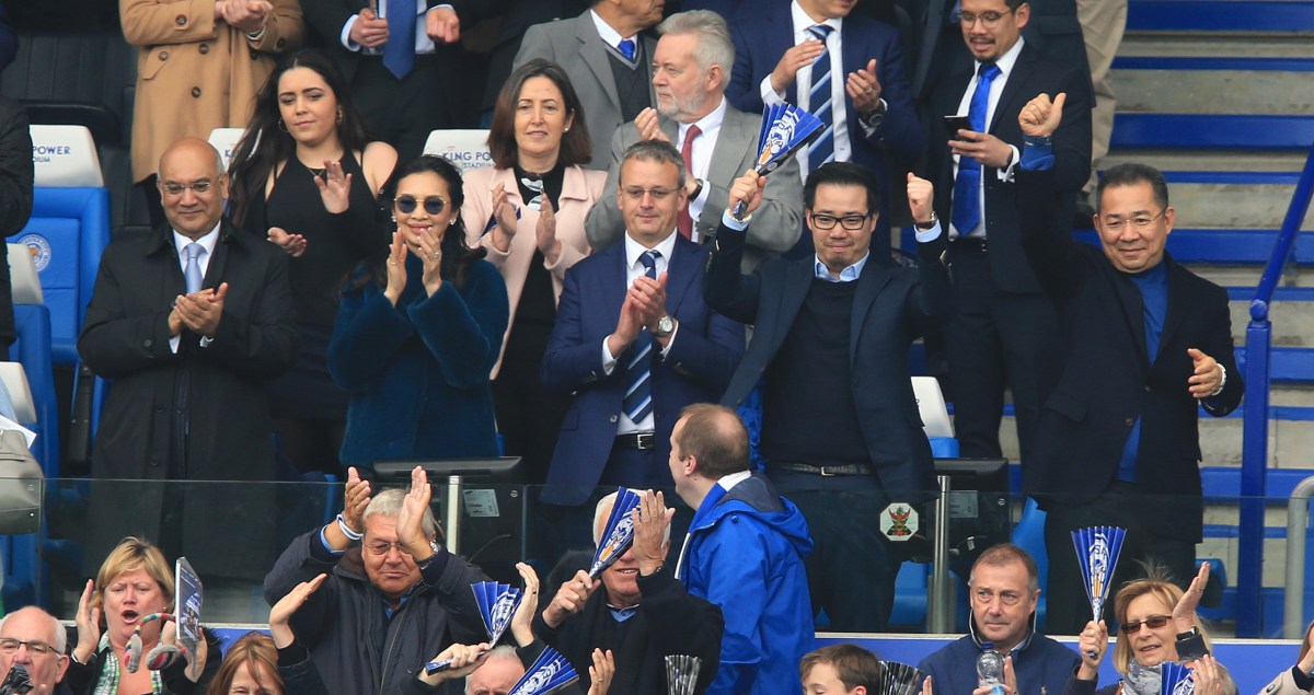 Leicester City's Vichai Srivaddhanaprabha celabrates at the final whistle.