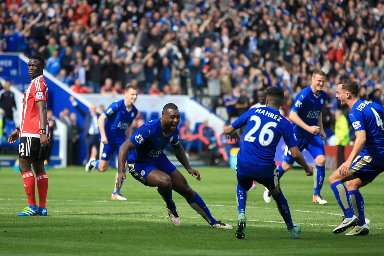 Leicester City's Wes Morgan celebrates scoring against Southampton. Photo: Nick Potts, PA Wire. 