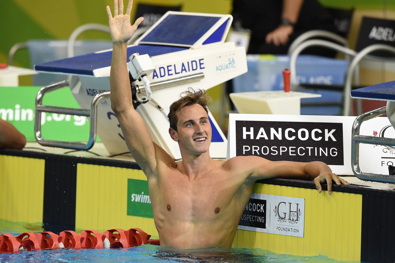Cameron McEvoy after winning the Mens 100m Freestyle on day 5 of the Australian Swimming Championships in Adelaide. Photo: Dave Hunt, AAP.