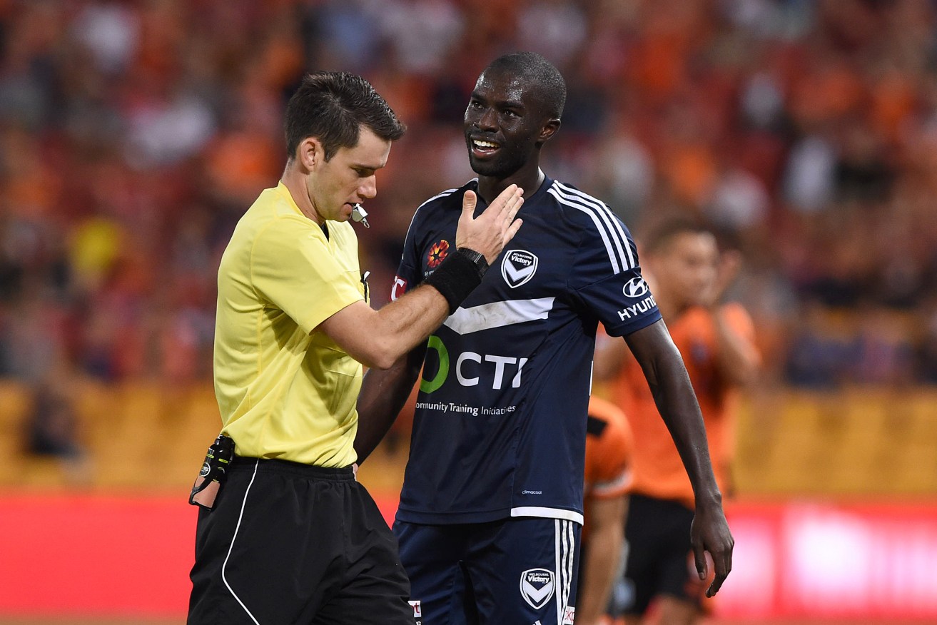 Victory's Jason Geria is sent off during his side's Elimination Final loss to Brisbane Roar. Photo: Dave Hunt, AAP.