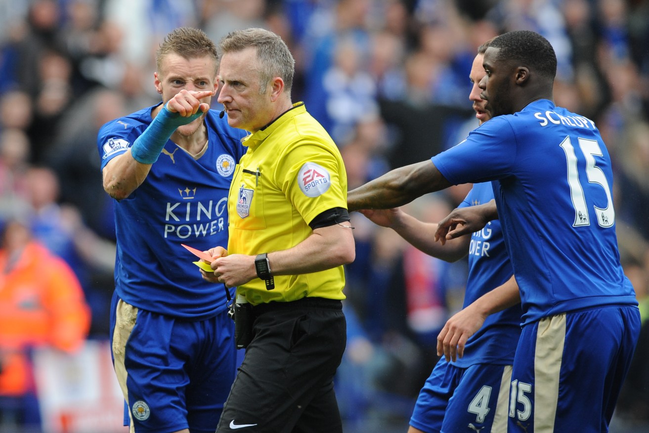 Jamie Vardy gestures to referee Jon Moss after being given a second yellow card and sent off against West Ham last weekend. Photo: Rui Vieira, AP