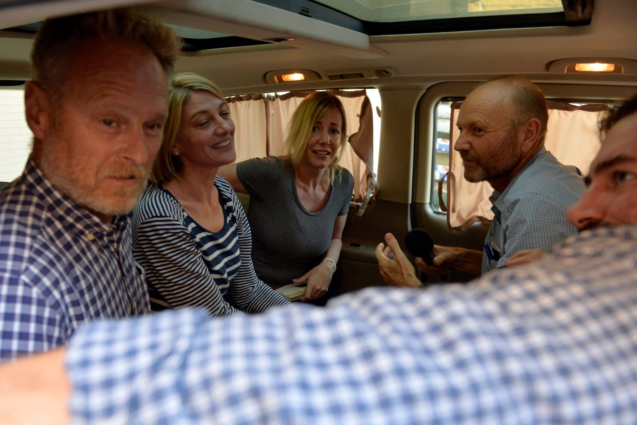 Members of the 60 Minutes crew greet Sally Faulkner and Tara Brown after they left Baabda Prison for women, east of Beirut. Photo: WAEL HAMZEH, EPA.
