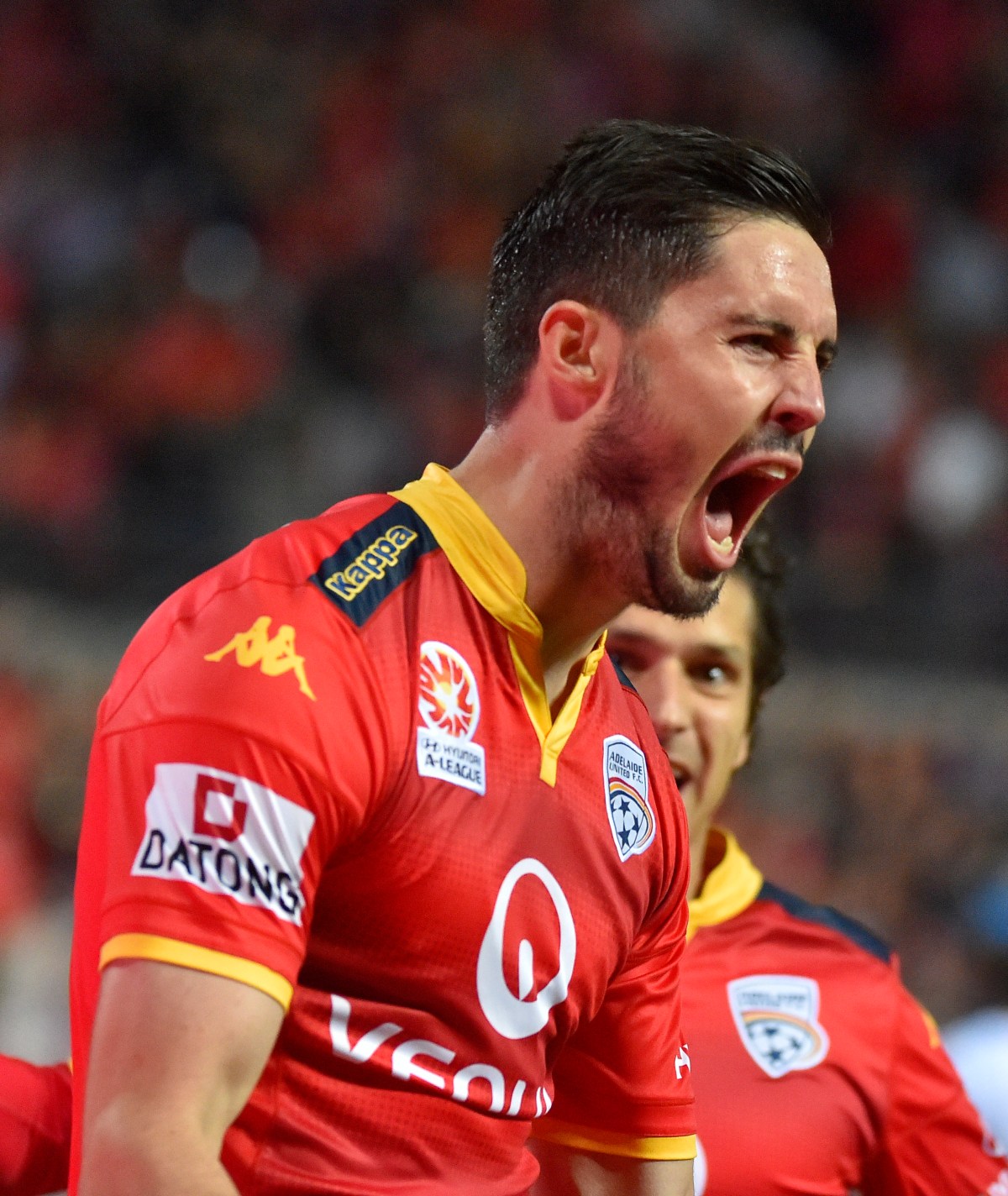 Dylan McGowan of United celebrates his goal during the A-League semi-final between Adelaide United and Melbourne City at Coopers Stadium in Adelaide, Friday, April 22, 2016. (AAP Image/David Mariuz) NO ARCHIVING, EDITORIAL USE ONLY