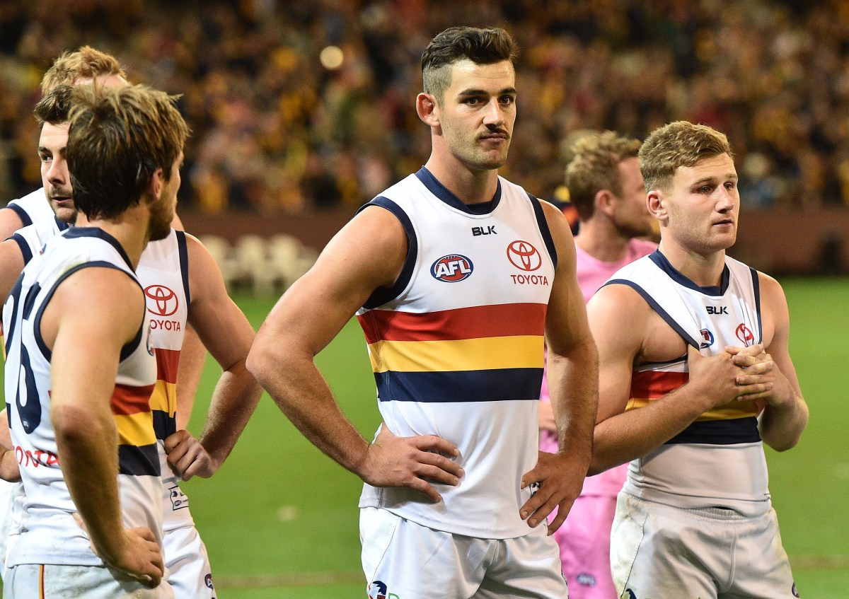 Taylor Walker (centre) of the Crows is seen alongside teammates after losing the round 5 AFL match between the Hawthorn Hawks and Adelaide Crows at the MCG in Melbourne, Friday, April 22, 2016. (AAP Image/Julian Smith) NO ARCHIVING, EDITORIAL USE ONLY