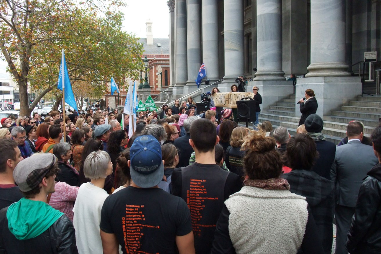 SA arts organisations also rallied outside Parliament last year over federal funding cuts. Photo: Michelle Wigg / AICSA