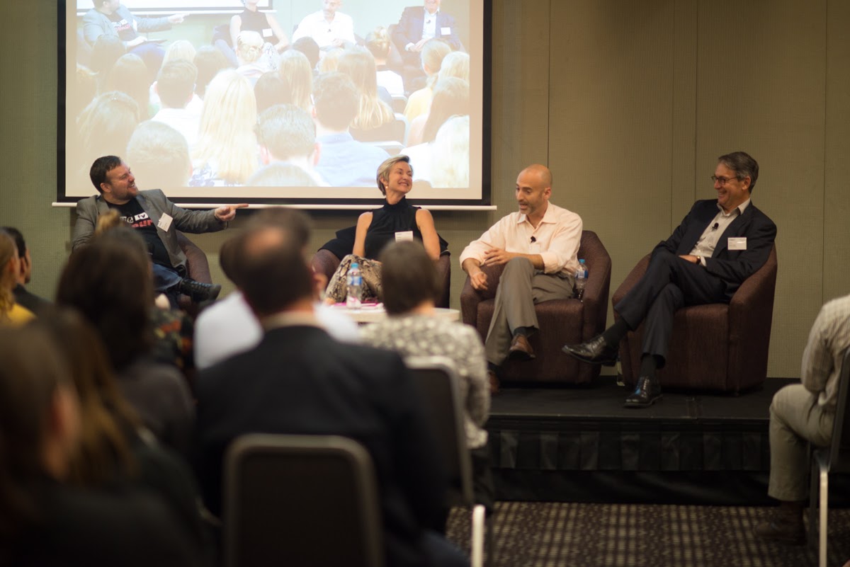 The panel at yesterday's event: (from left) Tim Burrowes, Pippa Leary, Yoav Tourel and Eric Beecher. Photo: Nat Rogers/InDaily