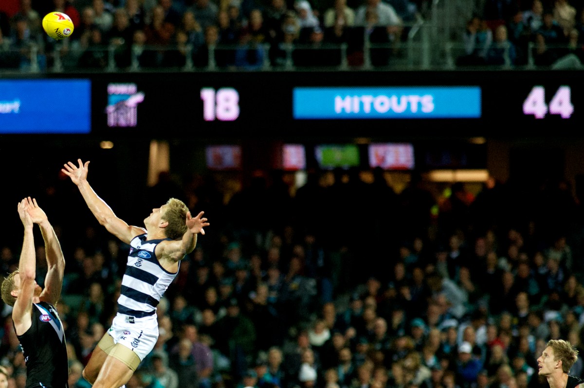 STATS DON'T LIE: The on-screen update is not a great confidence-builder for Matthew Lobbe at the centre bounce. Photo: Michael Errey, InDaily.