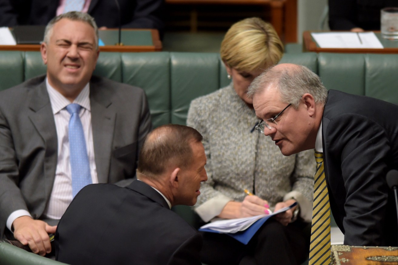 Scott Morrison (right) appears to be taking cues from his predecessor Joe Hockey (rear, left). AAP image