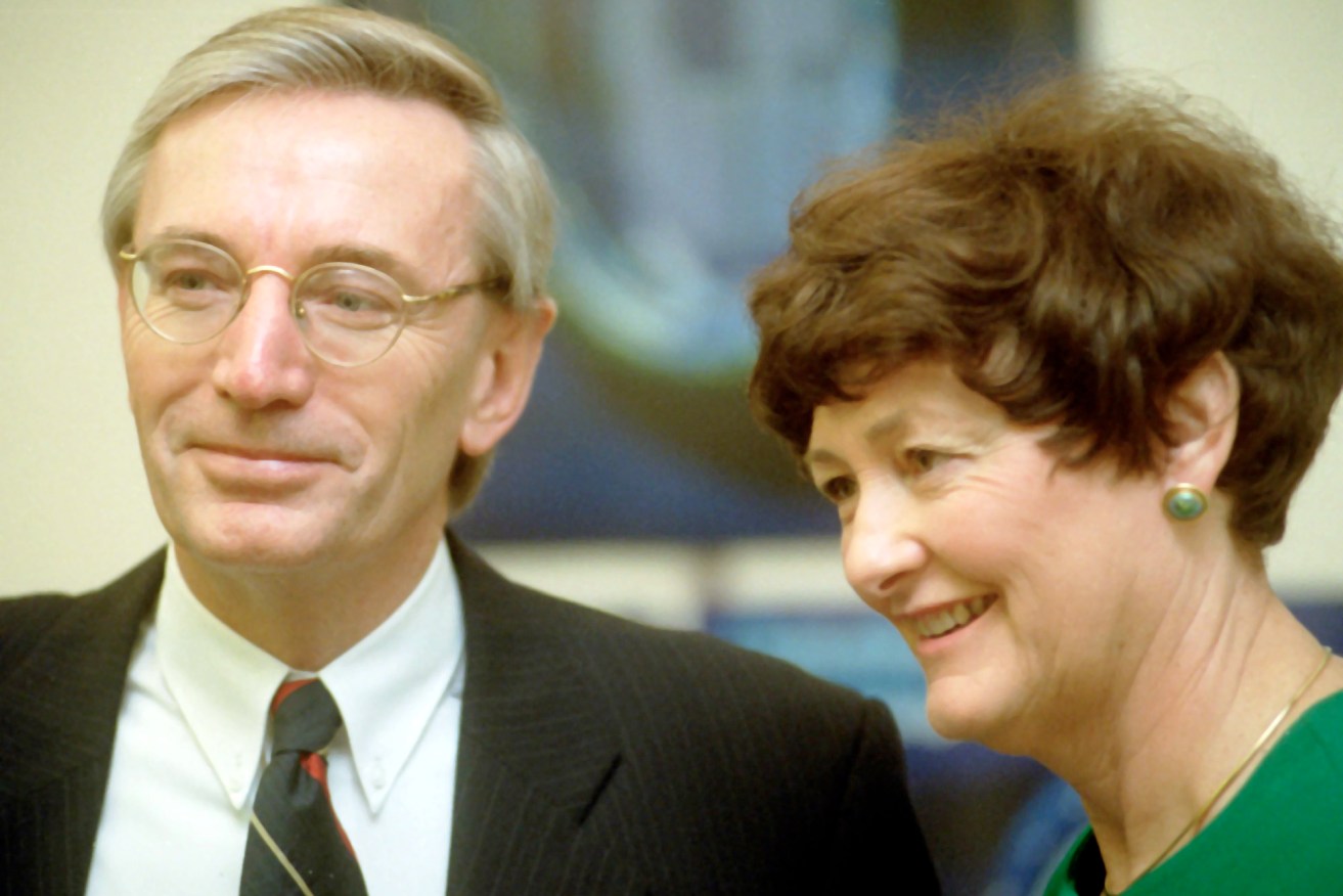 Then-Science Minister and SA Senator Nick Minchin with chief executive of the Australian Nuclear Science and Technology Organisation, Professor Helen Garnet, announcing the successful tenderer to build a new nuclear reactor at Lucas Heights in 2000. Photo: Alan Porritt, AAP.