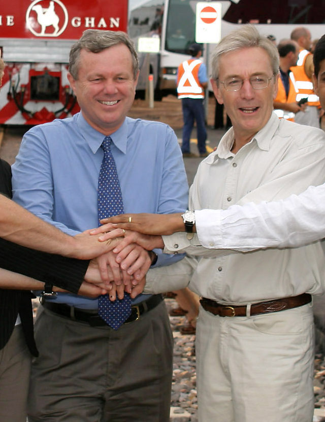 East Arm, Darwin, February 03, 2004. First Ghan passenger train arrives in Darwin. L-R Adrian Kloeden (Chairman Great Southern Railway), Clare Martin, Mike Rann, Nick Minchin and Chris Hyman of the Serco Group. (AAP Image/Paul Benjafield) NO ARCHIVING