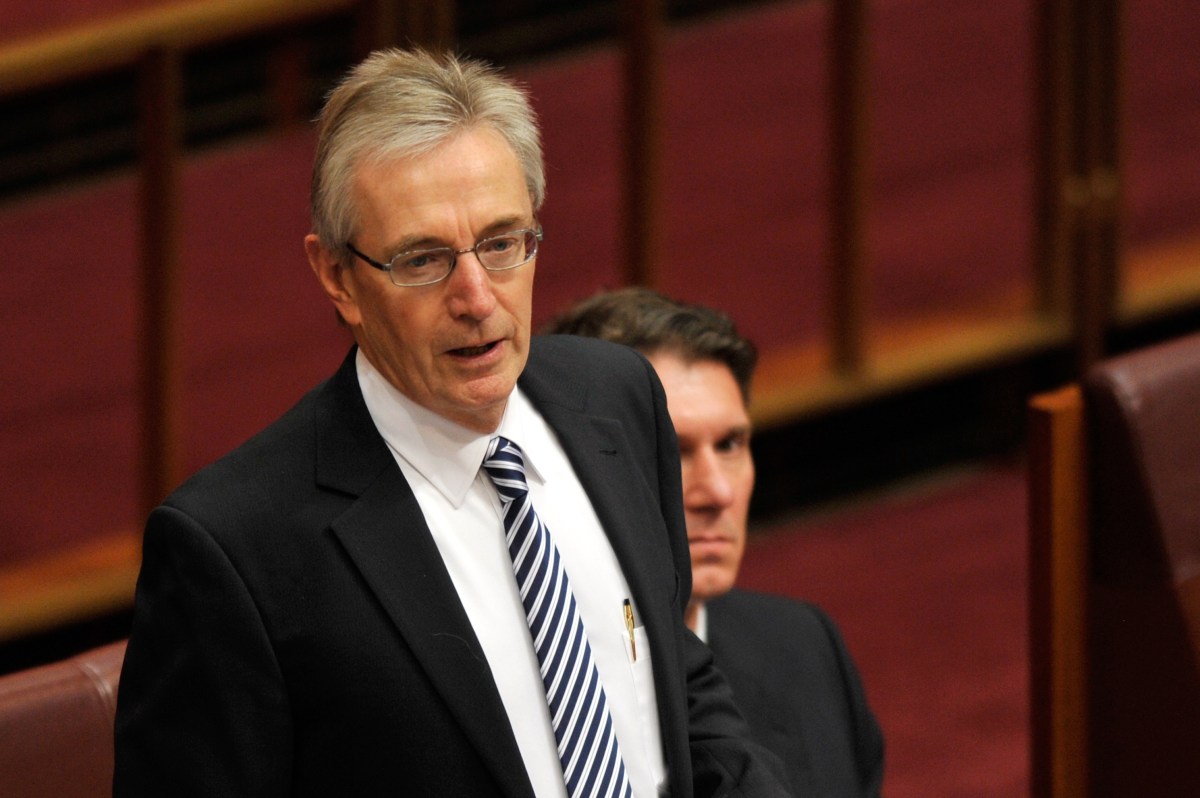 Retiring senator Nick Minchin speaking during his valedictory speech in the Senate chamber at Parliament House in Canberra, Tuesday, June 21, 2011. (AAP Image/Alan Porritt) NO ARCHIVING