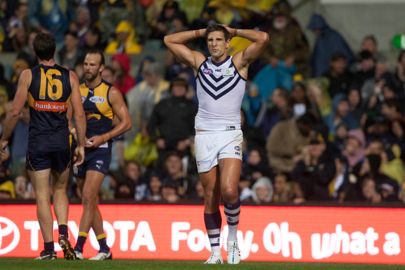 Matthew Pavlich after a Round Three loss to the Eagles. Photo: Tony McDonough, AAP.
