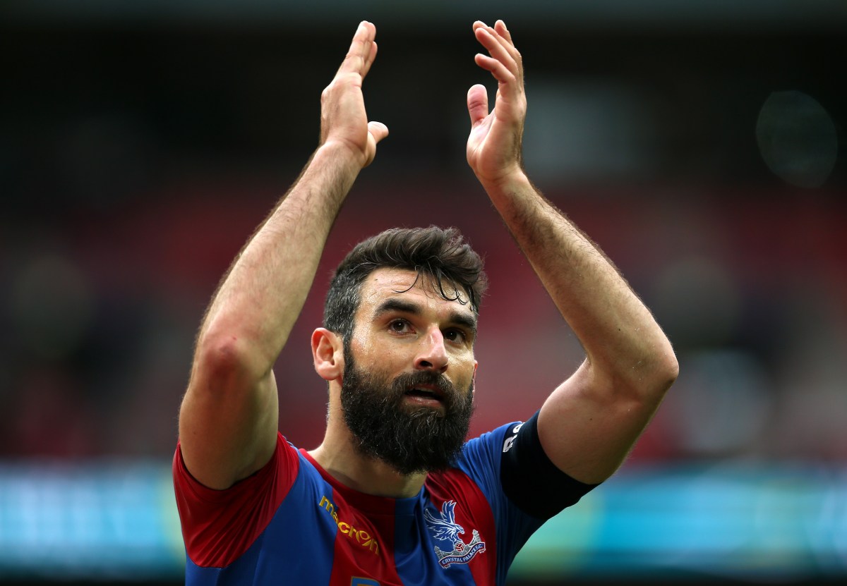 Mile Jedinak applauds supporters after the final whistle during the FA Cup semi-final. Photo: Steve Paston, PA Wire. 