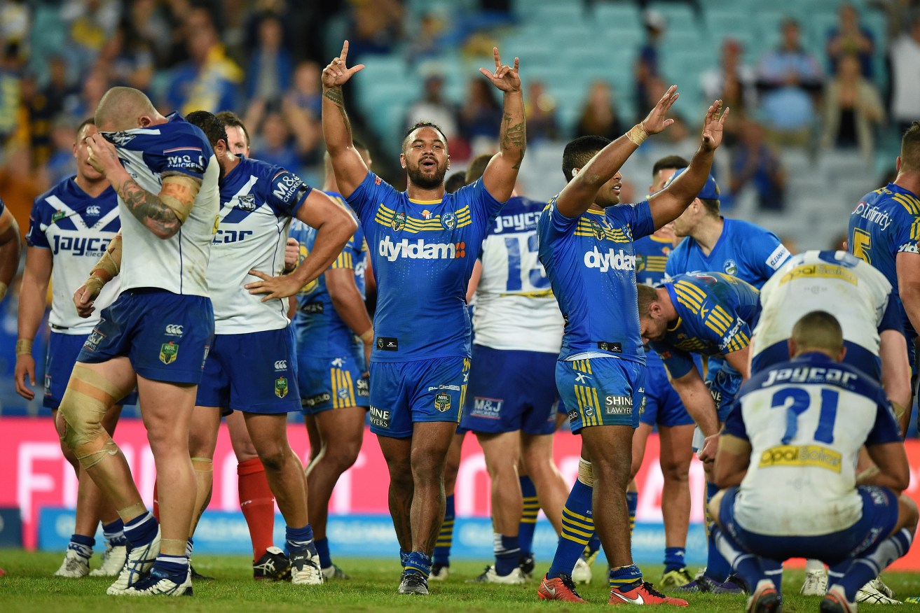 RIDING HIGH IN APRIL, SHOT DOWN IN MAY: Victorious on Friday night, the Parramatta Eels today have had their NRL points docked after systemic salary cap breaches. Photo: Dan Himbrechts, AAP.