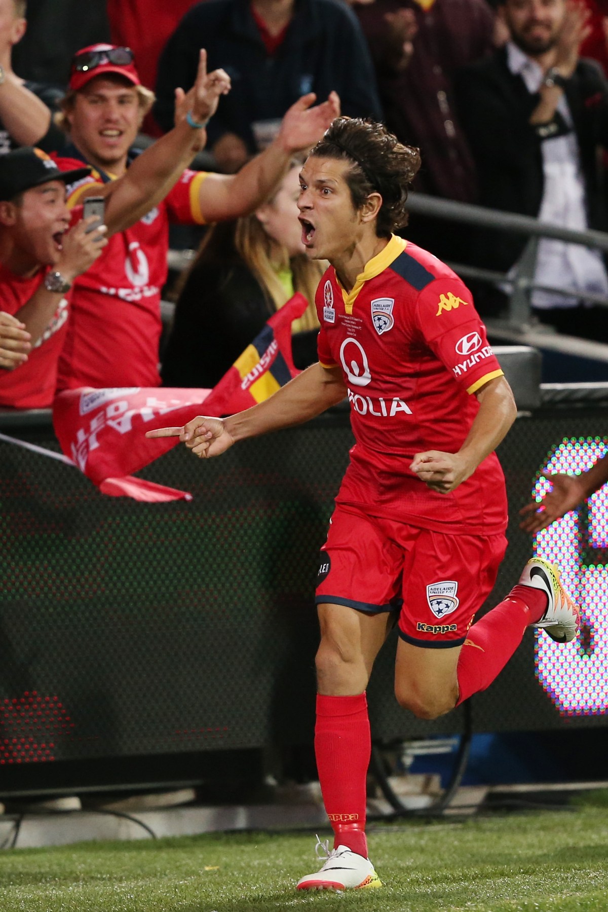Pablo Sanchez of United celebrates their third goal during the A-League Grand Final between Adelaide United and the Western Sydney Wanderers at Adelaide Oval in Adelaide, Sunday, May 1, 2016. (AAP Image/James Elsby) NO ARCHIVING, EDITORIAL USE ONLY